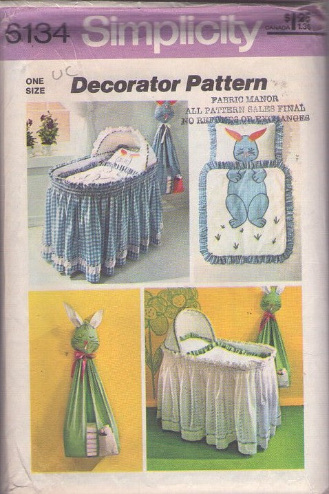 Simplicity 6134 Vintage 70's Sewing Pattern Baby Room Decor, Decorator, Bunny Rabbit Theme, Bassinet Basket Skirt, Diaper Stacker, Comforter, Pillow Case One Size