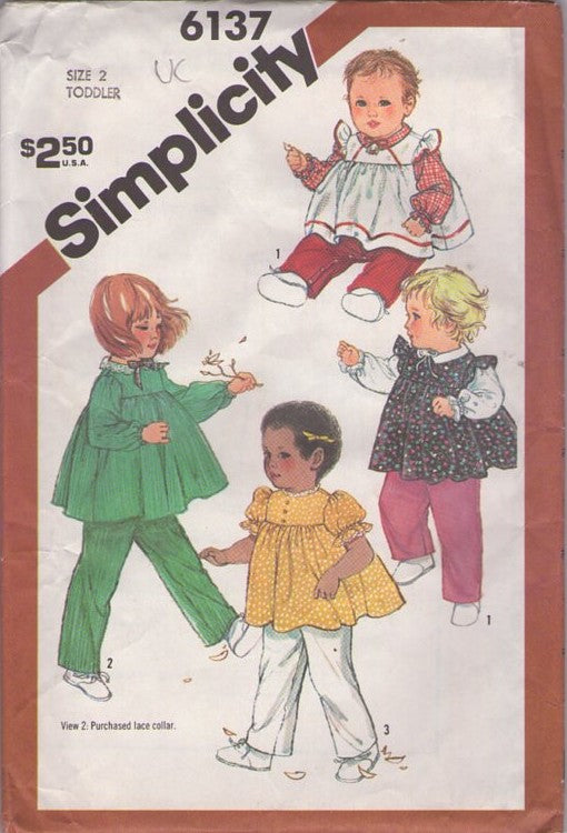 Simplicity 6137 Vintage 80's Sewing Pattern Baby Dresses, Toddler Pinafore Dress, Smock Top & Pants, Flared Blouse Size 1/2, 1