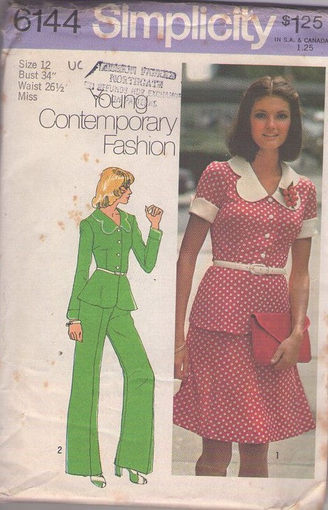 Simplicity 6144 Vintage 70's Sewing Pattern Disco Pantsuit, Era Young Contemporary Shaped Collar Peplum Jacket Top Blouse, Flared Skirt, Pants 2 Piece Dress Size 12