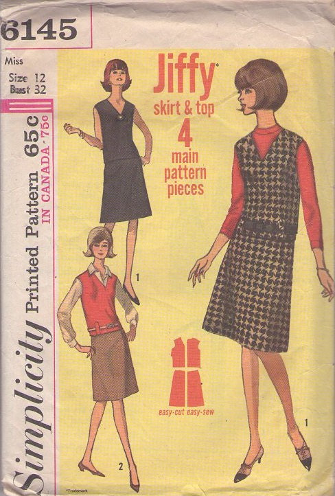 Simplicity 6145 Vintage 60's Sewing Pattern Mod Separates, Jiffy Skirt & Top, V Neck Blouse, A-Line Skirt, 2 Piece EASY Dress Size 12