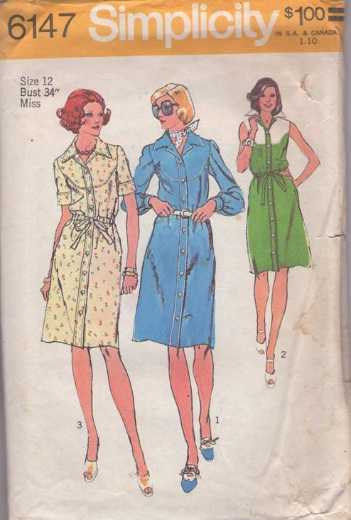 Simplicity 6147 Vintage 70's Sewing Pattern Western Dress Set, Scoop Yoked Front Buttoned Shirtdress, Shirt Dress, Piping Trim, Contrast Color Block Size 12