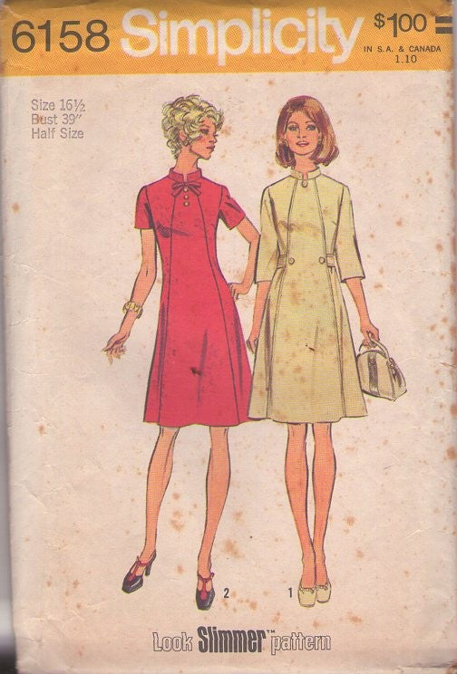 Simplicity 6158 Vintage 70's Sewing Pattern Mod Dress, Look Slimmer, Shaped Panel Front Secretary Day Dress, 2 Styles Size 16.5
