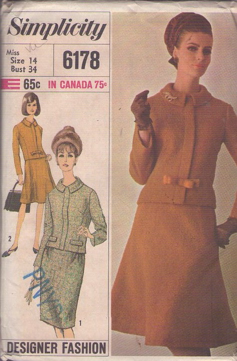 Simplicity 6178 Vintage 60's Sewing Pattern Mod Suit Dress, Designer Fashion, Jacket Top, Slim or Flared Skirt Size 14
