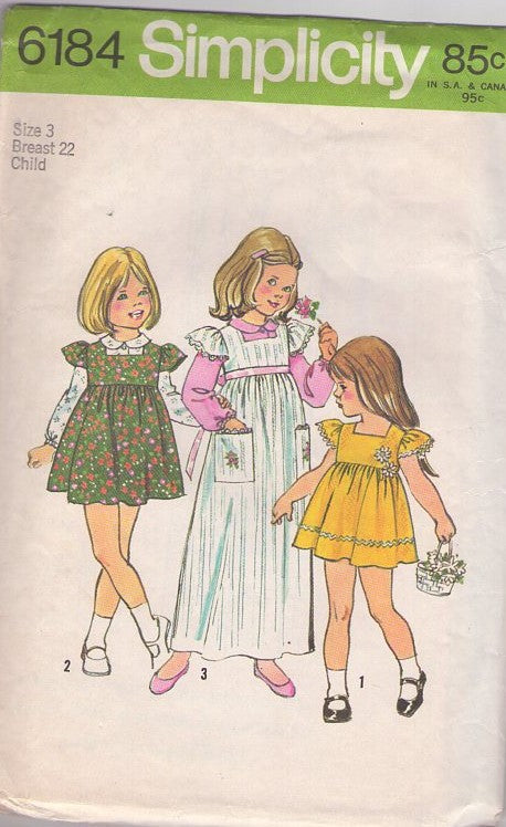 Simplicity 6184 Vintage 70's Sewing Pattern Girl's Dress Set, Flutter Sleeve High Waist Jumper, Long Holly Hobbie Style Cottagecore Maxi Dress, Blouse, 3 Styles Size 3
