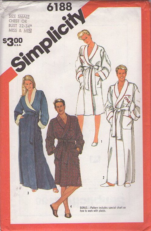 Simplicity 6188 Vintage 80's Sewing Pattern Classic Robes, Men's or Womens' Shawl Collar Wrap Around Bathrobe, Robe, Flannel or Terry Cloth Size S