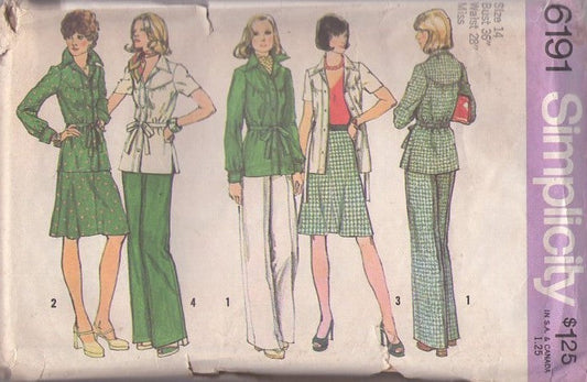 Simplicity 6191 Vintage 70's Sewing Pattern Secretary Separates, Casual Round Back Yoked Shirt Jacket, Blouse, Flared Skirt, Pants Size 14