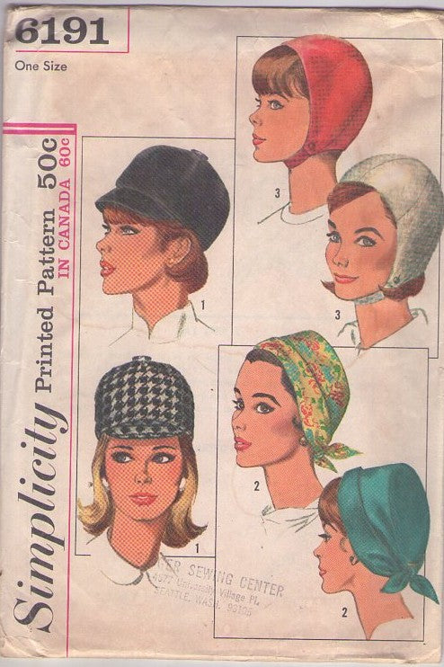 Simplicity 6191 Vintage 60's Sewing Pattern Mod Space Age Hat Set, Beret, Chin Strap Jockey, Helmet, Chemo Scarf One Size