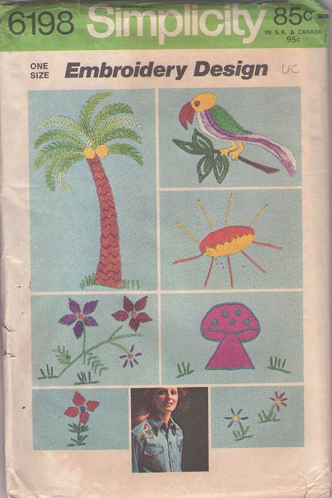Simplicity 6198 Vintage 70's Sewing Pattern Tropical Crafts, Embroidery Design Transfer Sheet, Flowers, Mushroom, Parrot, Palm Tree, Sunshine UNCUT