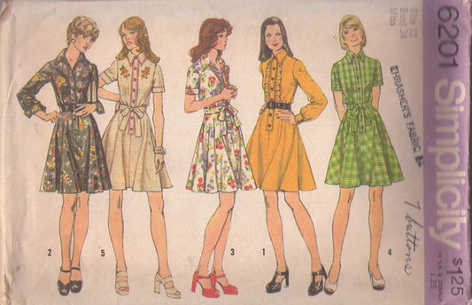 Simplicity 6201 Vintage 70's Sewing Pattern Mod Dress Set, Button Band Flared, Above Knee, 5 Secretary Styles Size 12