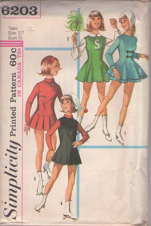 Simplicity 6203 Vintage 60's Sewing Pattern Sports Costumes, Go Team Cheerleader Sports Uniform Jumper, Panties Shorts, Skater Ice Skating Pleated Dress Size 12T