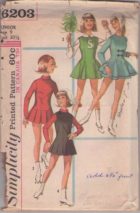 Simplicity 6203 Vintage 60's Sewing Pattern Sports Costumes, Go Team Cheerleader Sports Uniform Jumper, Panties Shorts, Skater Ice Skating Pleated Dress Size 9