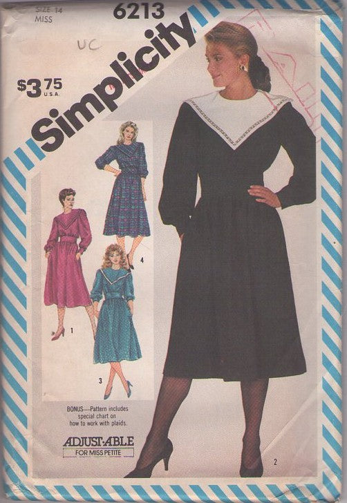 Simplicity 6213 Vintage 80's Sewing Pattern Secretary Dress Set, Triangle Platter Flat Collar Fit & Flared Dress 4 Styles Size 14