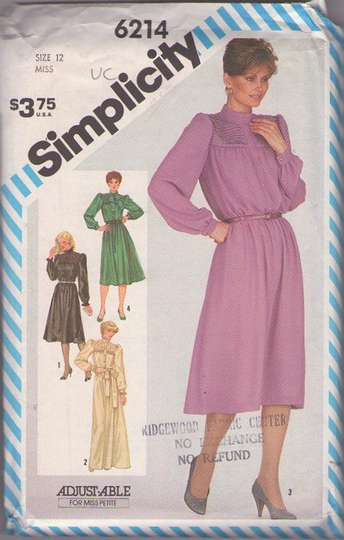 Simplicity 6214 Vintage 80's Sewing Pattern Secretary Dresses, Shirtwaist Dress, Pin Tucks, Lace Yoked Floor Length Evening Gown Size 12