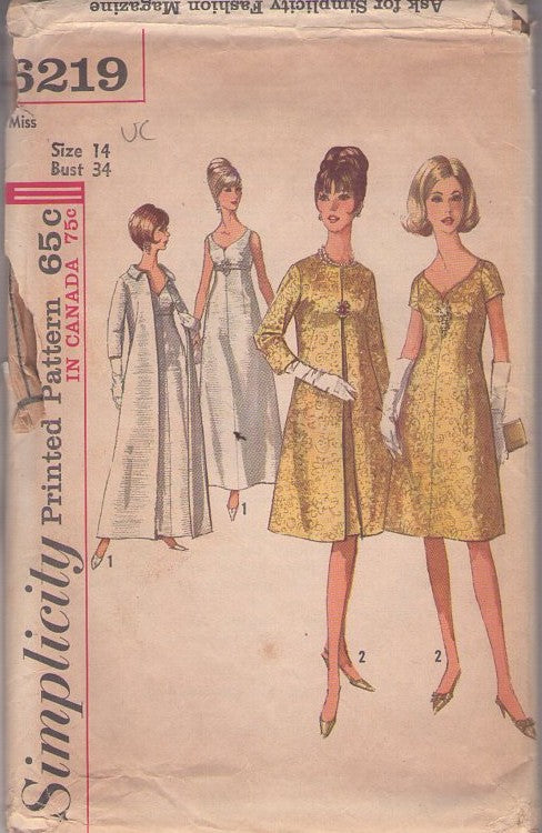 Simplicity 6219 Vintage 60's Sewing Pattern Mod Evening Gown, Bridal Dress, Formal Gala Event Gown, Jacket and Coat Audrey Hepburn Red Carpet Size 14