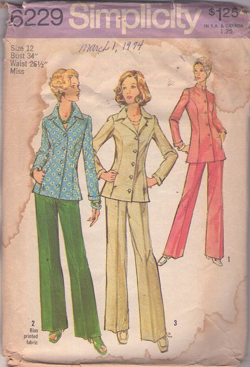 Simplicity 6229 Vintage 70's Sewing Pattern Pantsuits, Nehru, Stand Up or Notched, Princess Seams, Shirt Jacket Top Blouse, Hidden Front Pockets & Slacks, Pantsuit Size 12