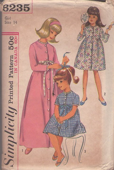 Simplicity 6235 Vintage 60's Sewing Pattern Girl's Robes, Modest High Waisted Dressing Gown, Bathrobe, Robe, House Dress 3 Styles Size 14