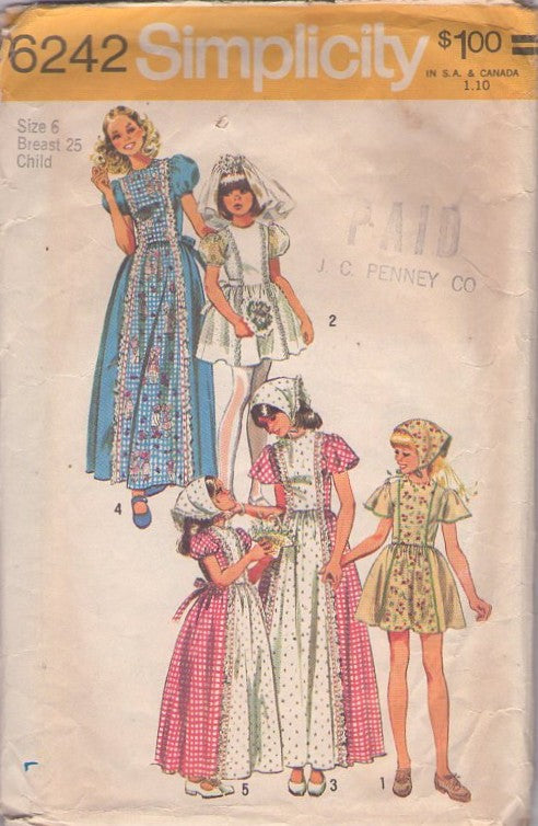Simplicity 6242 Vintage 70's Sewing Pattern Girl's Dress Set, Modest, Young Edwardian Look Apron Panel Front Party Dress, Mini Dress, Communion or Maxi Gown Size 6