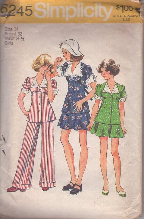 Simplicity 6245 Vintage 70's Sewing Pattern Girl's Separates, Wing Collar, Shaped High Empire Waist Front Buttoned Top, Blouse, Flared Mini Skirt & Cuffed Slacks Size 14