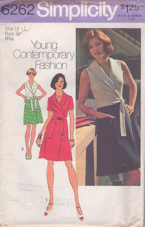 Simplicity 6262 Vintage 70's Sewing Pattern Disco Wrap Dress, Young Contemporary Fashion Shawl Collar Contrast Bodice Wrap Around & Tie Dress, 2 Styles Size 12