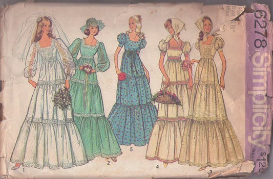 Simplicity 6278 Vintage 70's Sewing Pattern Gunne Sax Style Gown, Tiered Wedding Dress, Prairie Formal Styles Size 8