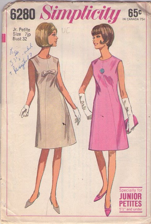 Simplicity 6280 Vintage 60's Sewing Pattern JUNIORS Dress, V Panel Front Mad Men Cocktail Party Dress, Bow Trim Size 7JP