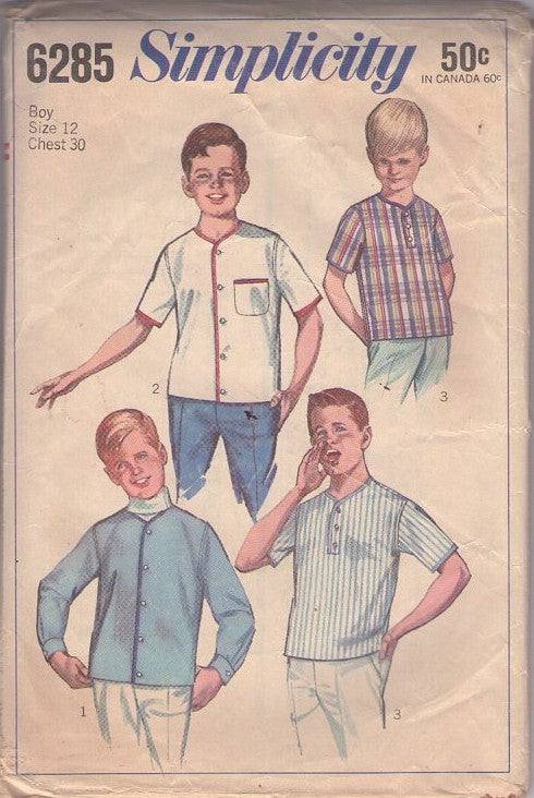 Simplicity 6285 Vintage 60's Sewing Pattern Boys' Shirts, Rockabilly Mod Cardigan Sweater Shirt Jacket, Baseball Top, Size 12