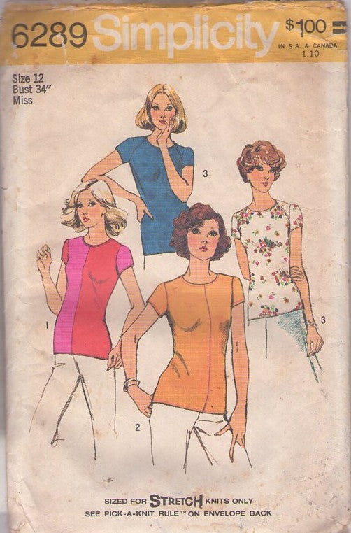 Simplicity 6289 Vintage 70's Sewing Pattern Mod Tops, Stretch Knits, Hipster Two Tone Color Block Center Seamed, Shoulder Flap Tshirt Top Set Size 12