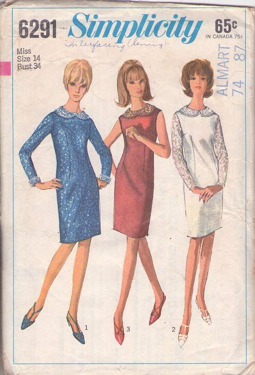Simplicity 6291 Vintage 60's Sewing Pattern Mod Dress Set, Sheer Lace Sleeve Sheath Cocktail Party Dress, Summer Dress Set 3 Styles Size 14