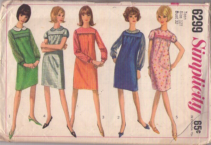 Simplicity 6299 Vintage 60's Sewing Pattern Twiggy Dresses, Mod High Yoked Versatile Cocktail Party or Secretary Day Dress 5 Style Size 12T