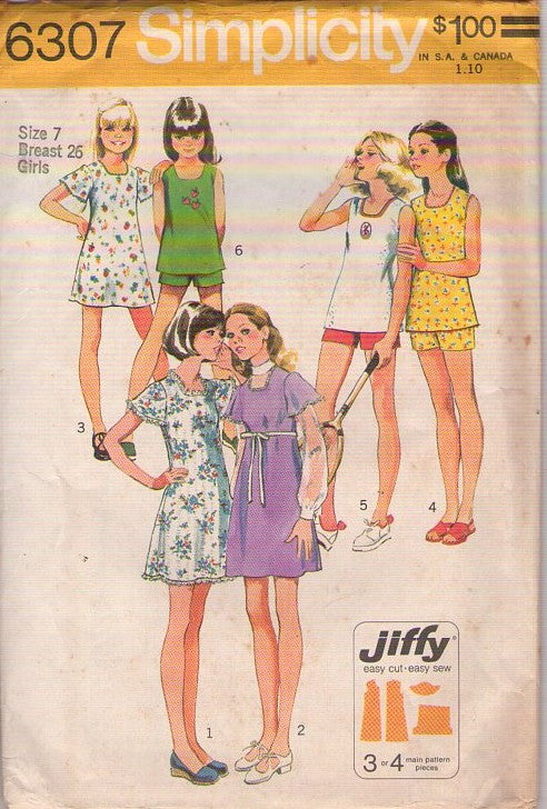 Simplicity 6307 Vintage 70's Sewing Pattern Girl's Jiffy Dress, Top, Shorts, Tennis Outfit Size 7