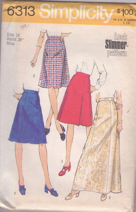 Simplicity 6313 Vintage 70's Sewing Pattern Classic Skirts, Look Slimmer Front Panel or Flapped Secretary Skirt, Hostess Maxi Evening or Knee Length Size 14