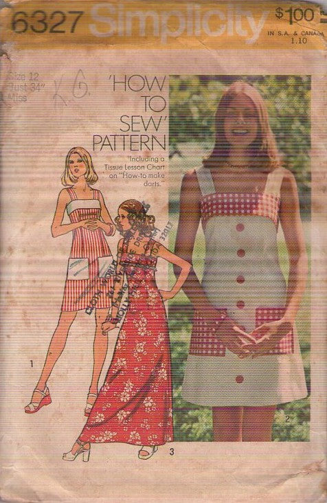 Simplicity 6327 Vintage 70's Sewing Pattern Sun Dress, Wide Straps, Foldover Bodice Band, Fit & Flared, Mini Summer or Maxi Hawaiian Cruise Styles Size 12