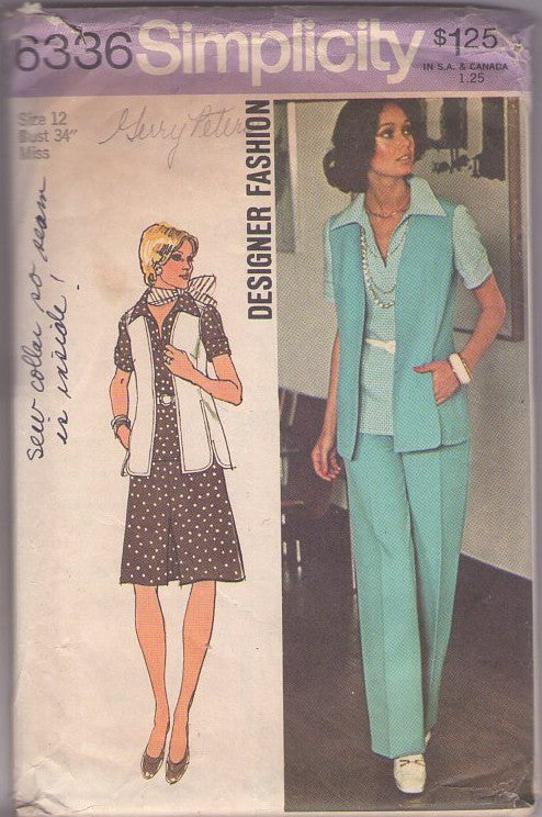Simplicity 6336 Vintage 70's Sewing Pattern Retro Pantsuit, Designer Fashion Wide Pointed Collar Top or Secretary Dress, Vest Jacket & Pants Size 12