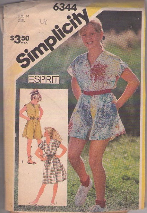 Simplicity 6344 Vintage 80's Sewing Pattern Girl's Dress Set, Esprit Step in Flared Leg Romper, Culottes Shorts Jumpsuit, 3 Styles Girl's Size 14