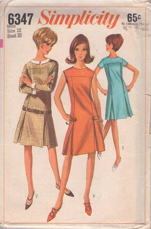 Simplicity 6347 Vintage 60's Sewing Pattern Mod Dress, Yoked Seams, Day Dress, Pleats, Drop Waist Belt 3 Styles Size 12