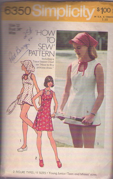 Simplicity 6350 Vintage 70's Sewing Pattern Tennis Dress, Peekaboo Keyhole, Bloomer Panties, Scarf, Visor Size 12