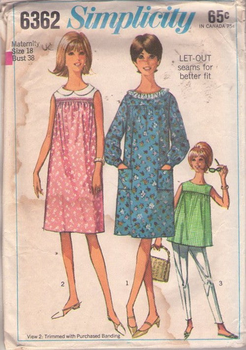 Simplicity 6362 Vintage 60's Sewing Pattern Mod Tent Dress, Smock Top Set, Maternity Fashions Size 18