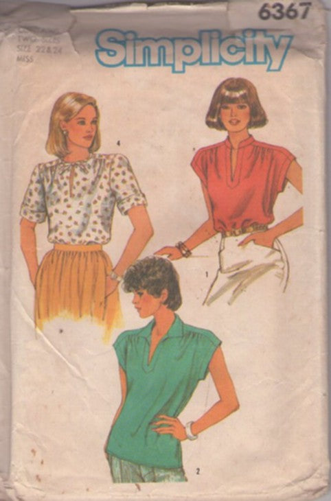 Simplicity 6367 Vintage 80's Sewing Pattern Plus Size Tops, Pullover Blouse, V Neck Shirt Set Size 22-24