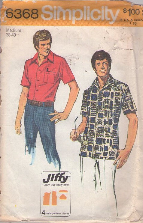 Simplicity 6368 Vintage 70's Sewing Pattern Mens' Jiffy Shirt, Camp Tiki Hawaiian, Summer Short Sleeves Size M 38-40