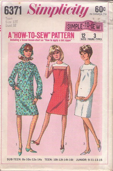 Simplicity 6371 Vintage 60's Sewing Pattern Day Dress Set, Easy, Simple to Sew, Mod Housewife, Yoked Shift Dress, Head Kerchief, Scarf Size 12T