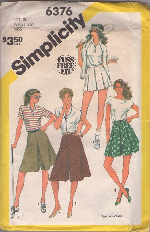Simplicity 6376 Vintage 80's Sewing Pattern Culottes Skirts, Fuss Free Fit Pleated Tennis Shorts, Split Skirt, Golf Culottes Set Size 10 CUT