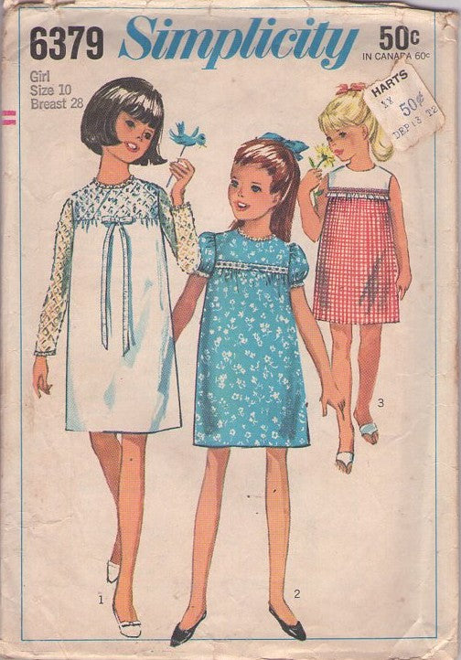 Simplicity 6379 Vintage 60's Sewing Pattern Girl's Mod Dress Set, Eyelet Lace Yoke Party Dress, School Dress Set 3 Styles Size 10