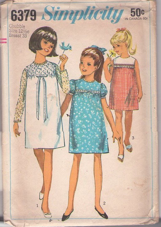 Simplicity 6379 Vintage 60's Sewing Pattern Girl's Mod Dress Set, Eyelet Lace Yoke Party Dress, School Dress Set 3 Styles Size 12.5
