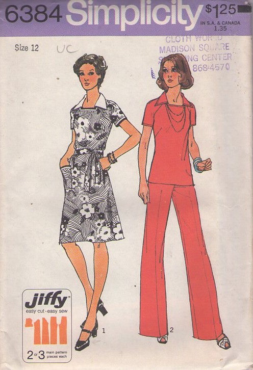 Simplicity 6384 Vintage 70's Sewing Pattern Jiffy Pantsuit, Easy Italian Collar Raglan Sleeve Top, Pants, Secretary Dress Size 12