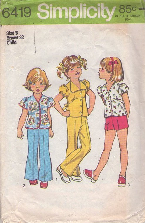 Simplicity 6419 Vintage 70's Sewing Pattern Girl's Separates, Curved Empire Waist Dog Eared Wing Collar Blouse, Top, Bell Bottoms Pants Size 3