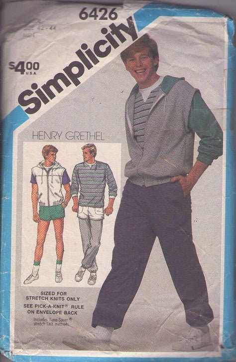Simplicity 6426 Vintage 80's Sewing Pattern Men's Separates, Designer Henry Grethel Work Out Separates, Hoodie Zipper Jacket, Tennis Shorts, Sweatpants Pants, Jogging Suit Size L