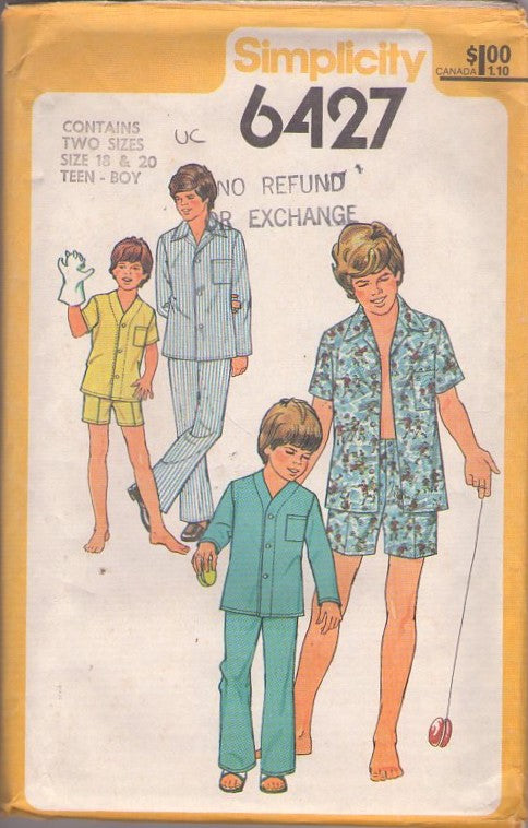 Simplicity 6427 Vintage 70's Sewing Pattern Pajamas, Teen Boys' Young Men's Summer & Winter Top in 2 Styles, Boxer Shorts, Pants Size 18-20