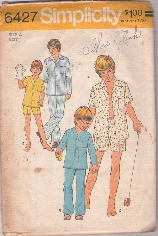 Simplicity 6427 Vintage 70's Sewing Pattern Pajamas, Teen Boys' Young Men's Summer & Winter Top in 2 Styles, Boxer Shorts, Pants Size 4