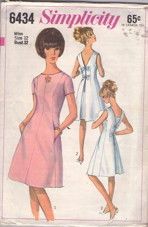 Simplicity 6434 Vintage 60's Sewing Pattern Mod Dress, Party in the Back, Audrey Hepburn Look, Hidden Front Pockets, Rear V or Vestee & Pleat Cocktail Party Dress Size 12
