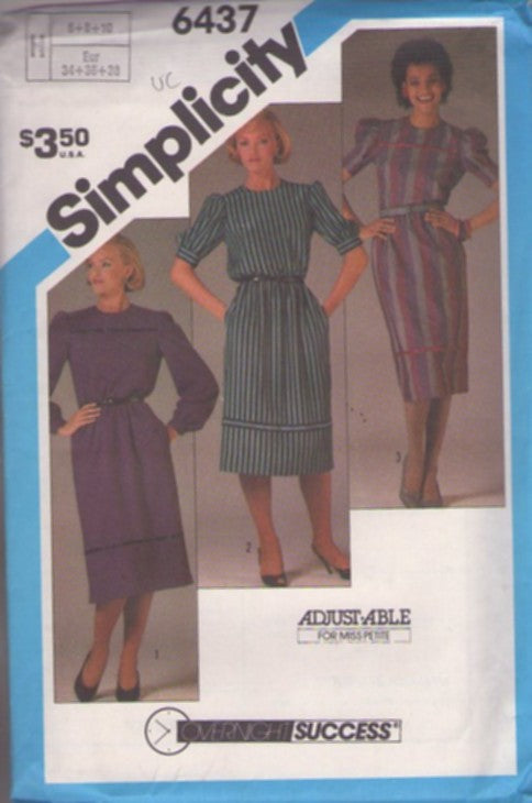 Simplicity 6437 Vintage 80's Sewing Pattern Secretary Dresses, Easy Overnight Success Blouson Dress Set 3 Styles Pullover Size 6-10